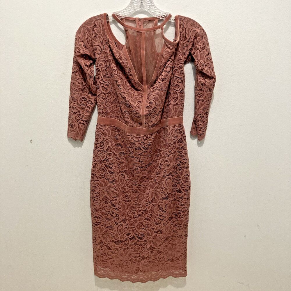 EXPRESS pink rose floral lace overlay velvet trim cold shoulder shift dress 10